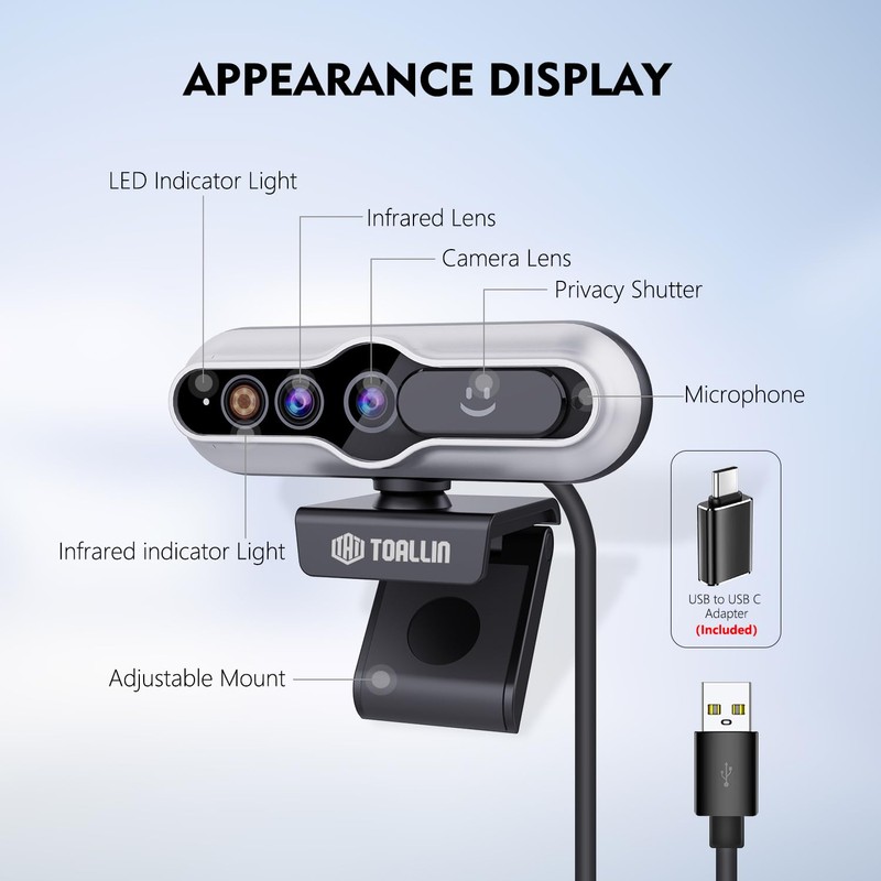 TOALLIN 2K QHD Webcam with Windows Hello, Face Recognition Webcam,