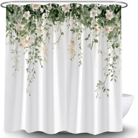 Leaves Floral Shower Curtain Watercolor Sage Green Eucalyptus Leaves Beige Flower Modern Botanical Rustic Spring Hanging Vine Plant Country Fabric Bathroom Curtain with Hook