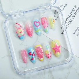 Handmade Press on Nails Beach Summer 3D Starfish Flower Fake Nails Gradient False Nails with Designs Muti-Layer Gel Stick on Nails Art Glossy Pearl Medium Almond Acrylic Nail for Women (Size M)
