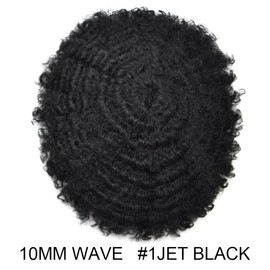 Afro Curl Toupee for Black Men African American Mens Toupee Afro Kinky Curly Human Hair Replacement System Injected Full Poly Skin PU Man Hair Units Wigs Weaves (8''X10'', 1# Jet Back-10mm afro wave)