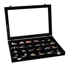 Wudygirl Jewelry Organizer 24 Grid Jewelry Tray with Clear Lid Velvet Jewelry Box Earrings Holder Organizer Jewelry Display Case (Black 24 Grid)