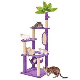 TSCOMON 55" Cat Tree for with Green Leaves, Multi-Level Large Cat Tower with Hammock, Plush Cat House with Hang Ball Toy and Sisal Scratching Posts Furniture, Deep Purple