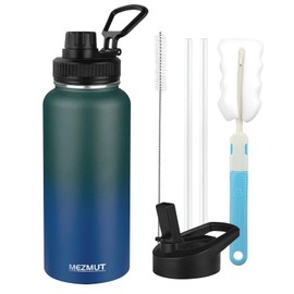 MEZMUT Insulated Water Bottle with Straw&2 Lids 32oz Metal Water Bottle Leakproof Travel Stainless Steel Water Bottles Reusable Double Wall Gym Sports Thermal Flask for Camping Hiking, Green Blue