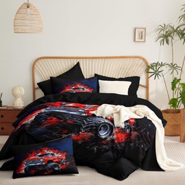 CCoutueChen Red Black Truck Comforter Set Twin Size Kids Cartoon Car Bedding Set for Boys Girls Teens 3D Off-Road Vehicle Print Tie Dye Soft Microfiber Comforter with 1 Pillowcase