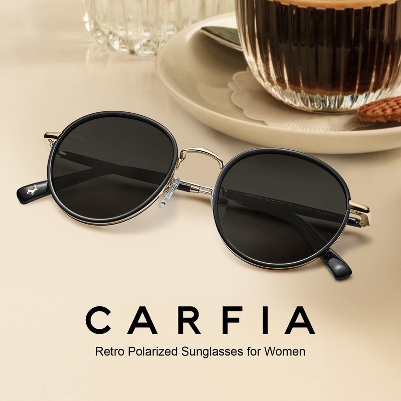 Carfia Polarised Ladies Sunglasses, UV400 Retro Round Glasses, for Leisure,
