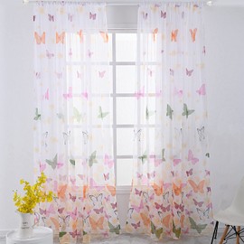 Nicoone Curtain Butterfly Sheer Curtains Long Voile Tulle Window Curtains Light Soft and Breathable for Girls Room Balcony Coffee House