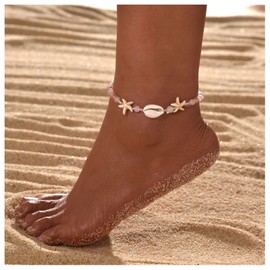 Faruodis Starfish Shell Anklet Bracelet Boho Turquoise Heart Beads Summer Beach Foot Chain Pearl Conch Barefoot Sandal Jewelry for Women (Style C)