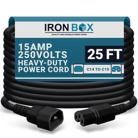 IronBox Electric C14 to C15 Power Cord - 15A/250V, 14/3 AWG SJT - Heavy Duty Cables - UL Listed IEC Power Cable Extension - Jumper Cords for Computer, Server, Desktop, Speaker & More (25ft, Black)