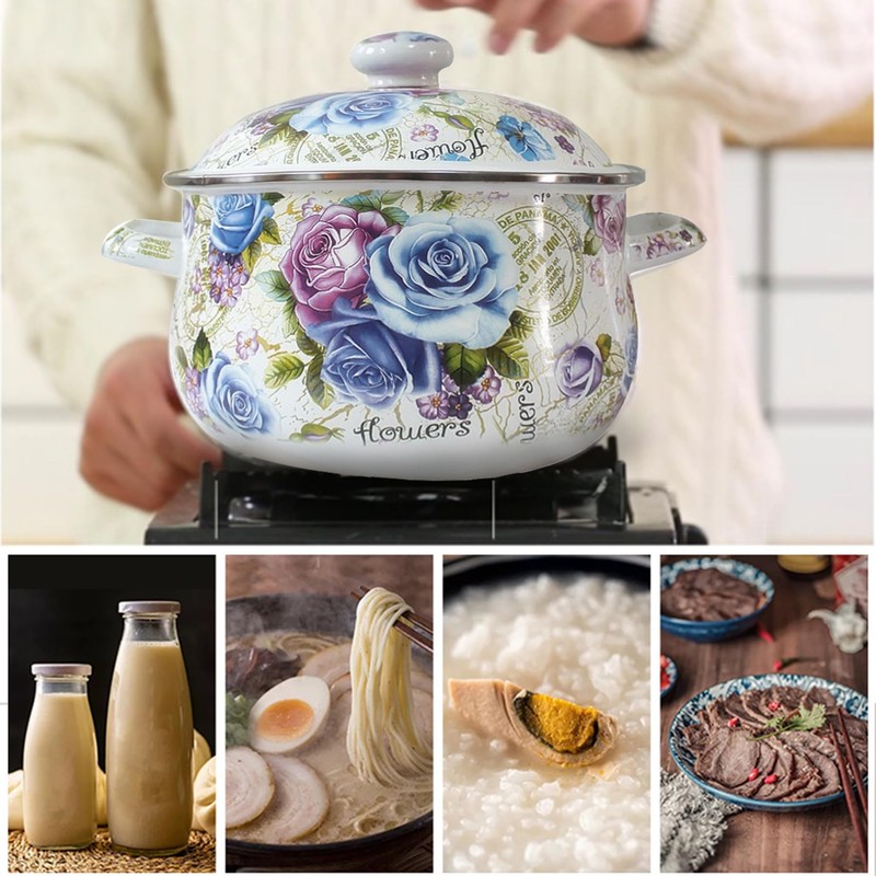 OIIKQDML Enamel Stockpot with Lid, 4.6 Quart Retro Cooking Pot,