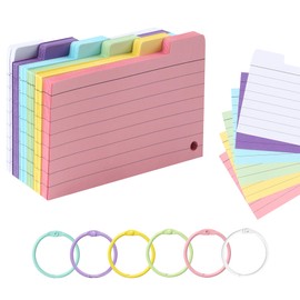 JUNART 6-Colour 300PCS Index Cards, 50 Pages per Colour with 6 Perforated Binder Rings and Top Tabs for Easy Marking, for Study, Work and Everyday Use