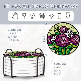 Table Coaster for Drinks Set of 6, Artistic Flowers Round Ceramic Coasters,with Cork Base and Metal Holder,Great Housewarming Birthday Gifts,Home Decor