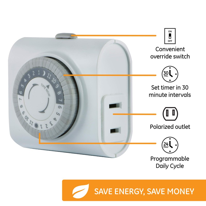 GE Mechanical Polarized Outlet Timer, Single Plug with 2 Prongs,