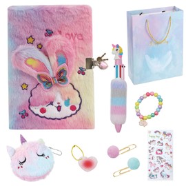 Rabbit Plush Diary with Lock for Girls, Bunny Fuzzy Journal with Lock and Key Kids Secret Diary Set Cute Notebook for Writing Drawing, Bunny Gift for Girls