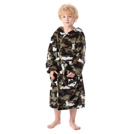 V.&GRIN Boys Fleece Robe, Hooded Toddler Soft Fuzzy Bathrobe for Kids 3-14 Years（Camo 11-12