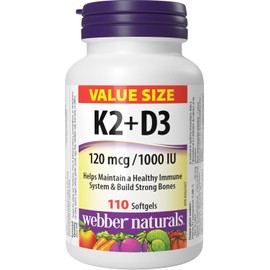 Webber Naturals Vitamin K2 with D3, 110 Softgels, MK-7 Formula, Helps Support Bones, Teeth, and Immune Function