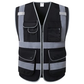JKSafety 9 Pockets High Visibility Safety Vest for Men and Women, Hi-Vis Reflective Black Safety Vests with Zipper Front, Meet ANSI/ISEA Standards (159-Black 5XL)