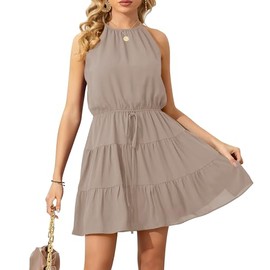 Summer Dresses for Women 2024 Chiffon Sleeveless Tops Halter Ruffle Romper Vacation Beach Sun Flowy Summer Outfits Coffee