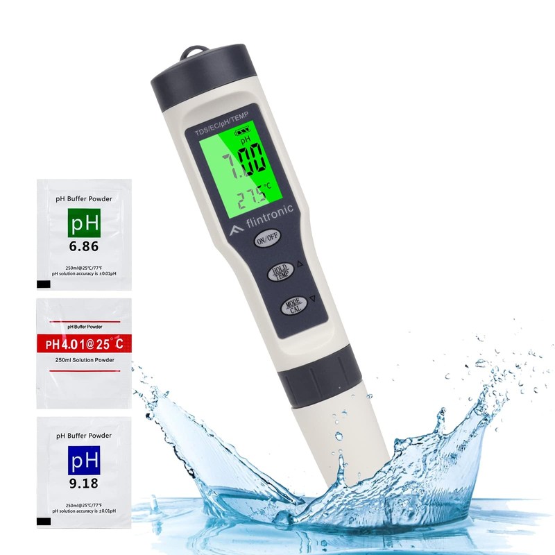 flintronic 4-in-1 PH Meter, PH/TDS/EC Temperature Tester with Backlight, 0-14