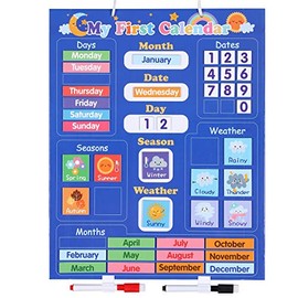 FBve Classroom Calendar Chart, 16” X 13” Magnetic Calendar for Kids, Preschool Learning Toys, Homeschool Supplies, Hang on Wall or Fridge with 41 Magnetic Blocks, 2 Pens, 1 Lanyard