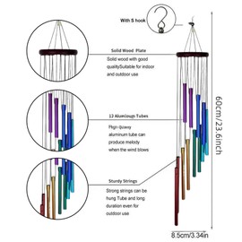 Garden Ornaments Wind Chimes， windchimes for garden，Colorful Aluminum Tubes Wind Chimes with 12 Aluminum Tubes， for Home, Yard, Garden, Indoor Outdoor Hanging Decor