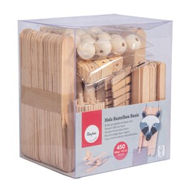 Rayher Craft Box with 450 Wooden Pieces, FSC Certified, Rods, Beads, Cubes, Clips, Various Shapes and Sizes, for Creative Craft Objects, PVC Box 135 x 110 x 160 mm, 69262505