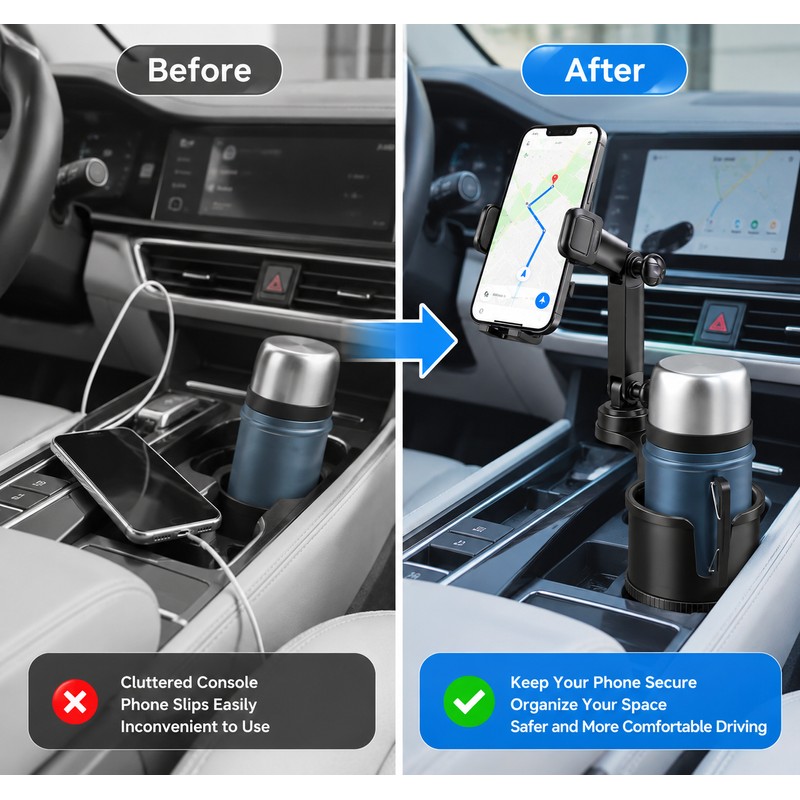 Car Cup Holder Phone Mount – Adjustable Long Arm, 360°