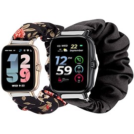 Compatible for EGQINR Smartwatch Band, Sahouden Fabric Elastic Scrunchie Elastic Women Replacement Straps Compatible with EGQINR T42 Smart Watch 1.7" (2 pack-Black+Black Flower)