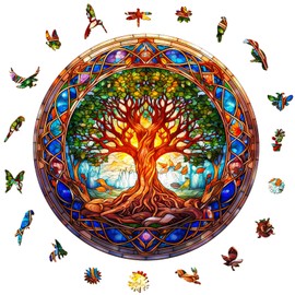 Aeekdook Wooden Puzzle for Adults, Stained Glass Tree of Life Puzzle, Unique Animal Shape Puzzles, Wooden Jigsaw Puzzles for Adults, Thanksgiving for Family Friend (L - 13.4 * 13.4in - 300psc)
