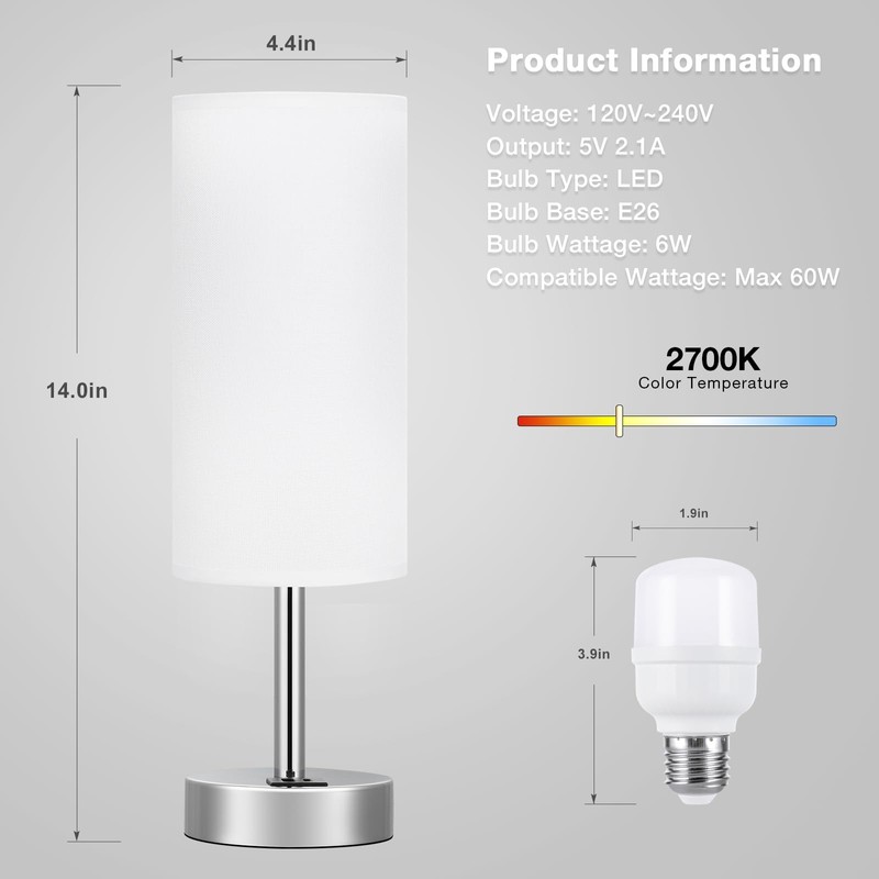 White Bedside Touch Table Lamps for Bedroom Nightstand with USB-C