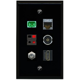 RiteAV CAT7 Coax HDMI SC APC Simplex Fiber Speaker TOSLINK Flat/Solid Wall Plate [Black]