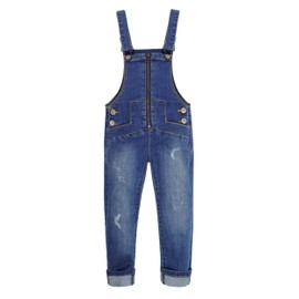 KIDSCOOL SPACE Slim Kid Boy Girl Denim Overalls, Cardigan Style Zipper Front Jeans Dungarees, Blue,7-8 Years