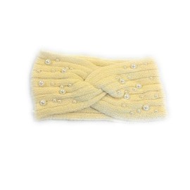 Women's Girls Winter Warm Embellished Knitted Headband Woolly Knit Head Ear Warmer Wrap Sweatband with Pearl Motifs UK (Cream)