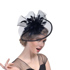JINTN Lady Mesh Net Veil Fascinator Hat Feather Flower Bridal Headwear Elegant Tea Party Pillbox Church Wedding Cocktail Headress Black