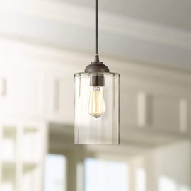 Possini Euro Design Hawthorne Bronze Mini Pendant Lighting Fixture 5 1/4" Wide Modern LED Clear Glass Cylinder Shade for Dining Room Living House Home Foyer Kitchen Island Entryway High Ceilings