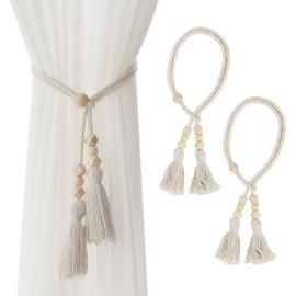 SanKristo Curtain Tiebacks 2 Pieces, Two Ways of Binding Boho Tassel Curtain Cord No Punching Adjustable Length with Wooden Cube Decoration, Hand-Woven Rope Curtain Ties Tie-Backs Accessories Beige
