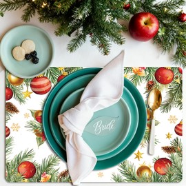 Tarklanda Christmas Poinsettia Bells Placemats Set of 6 Washable Vinyl Table Mats 11 x 15.7 Inches Watercolor Xmas Pine Tree Decorative Plastic Place Mat for Kitchen Dining Birthday Wedding Party
