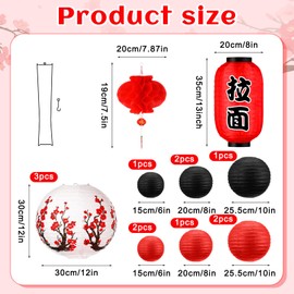 40 Pcs Japanese Style Lantern Decorations Includes Japanese Lantern, Cherry Blossom Japanese Paper Lanterns, Chinese Red Paper Lanterns and LED Lantern Lights for Indoor Outdoor (White, Red, Black)