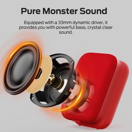Monster Atomic Atom Wearable Bluetooth Speaker with Mics for Hands-Free Calls, IPX5 Waterproof, Compact and Portable Speaker for Workout, Cycling, Red
