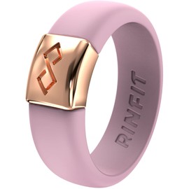 Rinfit Silicone Rings for Women 6mm Wide, 2mm Thick - Silicone Wedding Bands Women - Infinity Ring with Metal Plate - Rubber Rings - Pink/Rose Gold - Size 8