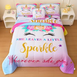 Namoxpa 6 Pieces Unicorn Comforter Sets,3D Pink Blue Unicorn Flower Pattern,Decorative 6 Piece Bedding Sets with Comforter,Flat Sheet,Fitted Sheet,Throw Pillow Cover,Pillow Shams,Twin Size