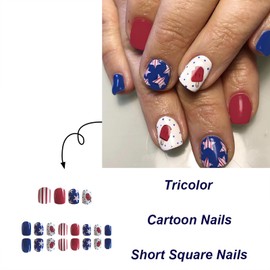 Mkwntg 4th of July Press on Nails Short Square Fake Nails Cute Ice Cream Glue on Nails Glossy Star Full Cover Stick on Nails Patriotic Solid Color Acrylic Nails for Women Girls Manicure Decor 24Pcs