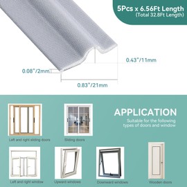 MOPMS Draft Stopper Sweep, Door Weatherproofing Stripping, Window Seal Strip Self-adhisive Soundproof Cuttable Weather Length 32.8 Ft (5 Pcs x 6.56 Ft), Grey