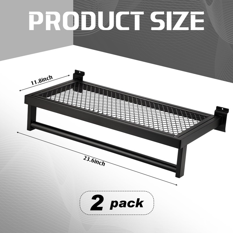 Fiwochic 2 Pcs Black Slatwall Shelf Clothes Rack with Grid