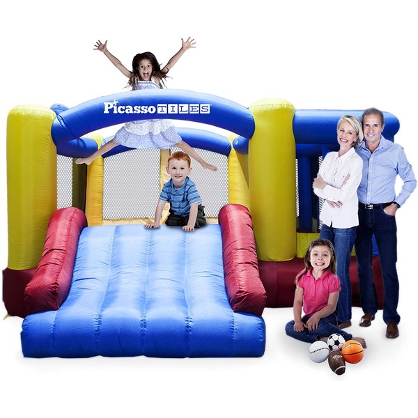 PicassoTiles [Upgrade Version] KC102 12x10 Foot Inflatable Bouncer Jumping Bouncing House, Jump Slide, Dunk Playhouse w/ Basketball Rim, 4 Sports Balls, Full-Size Entry, 580W ETL Certified Blower