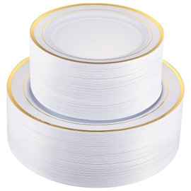 FOCUSLINE Gold Plastic Plates Set of 102, Disposable Plastic Party Plates with Gold Rim, Including 51 Dinner Plates 10", 51 Dessert Plates 7", Elegant Fancy Heavy Duty Wedding Party Plates