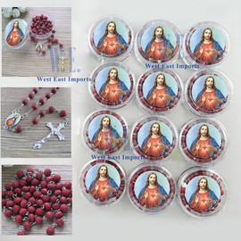 Sacred Heart of Jesus Rose Scented Rosary (12 PCS) Wood Prayer Bead Rosary Party Favor in Clear Box Gift for Guest
