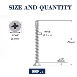 #10 x 2" Sheet Metal Screws 100Pcs 410 Stainless Steel Flat Head Tek Screws Fast Self Tapping Screws by SG TZH