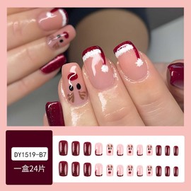 Rilafuvu Christmas Press on Nails Medium Square Cute Elk Fake Nails Red White Snowflake Winter Xmas Design False Nails with Glue Santa hat Glitter Red Glossy Artificial Acrylic Nails -24pcs
