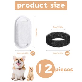 Zawaer Cat Fountain Filter, Pack of 12 Replacement Filters for Drinking Fountains, 6 Pieces Carbon Filters and 6 Pieces Foam Filter, Drinking Fountain Cat Replacement Filter for Stainless Steel