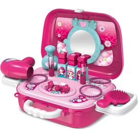 Delex Pretend Play Makeup Set Role Play Jewellery Kit for Girls Toy Set 2 in 1 Princess Pink Vanity Dressing Table Mini Carry Case Portable with Accessories